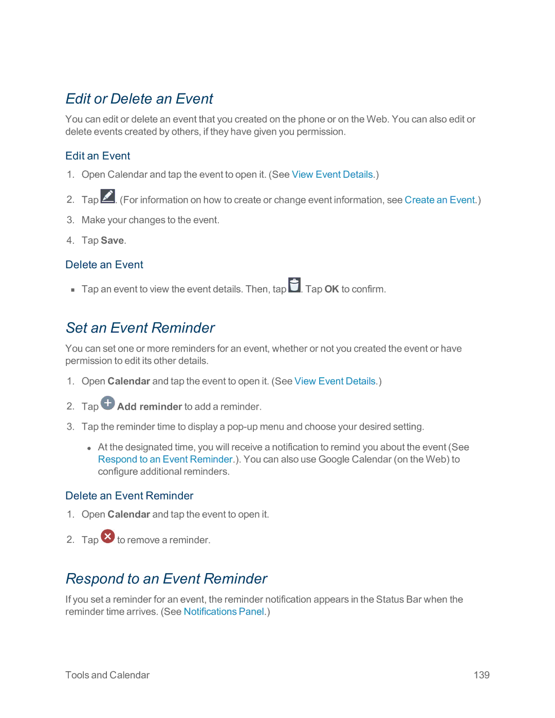 Sprint Nextel LG G2 manual Edit or Delete an Event, Set an Event Reminder, Respond to an Event Reminder 