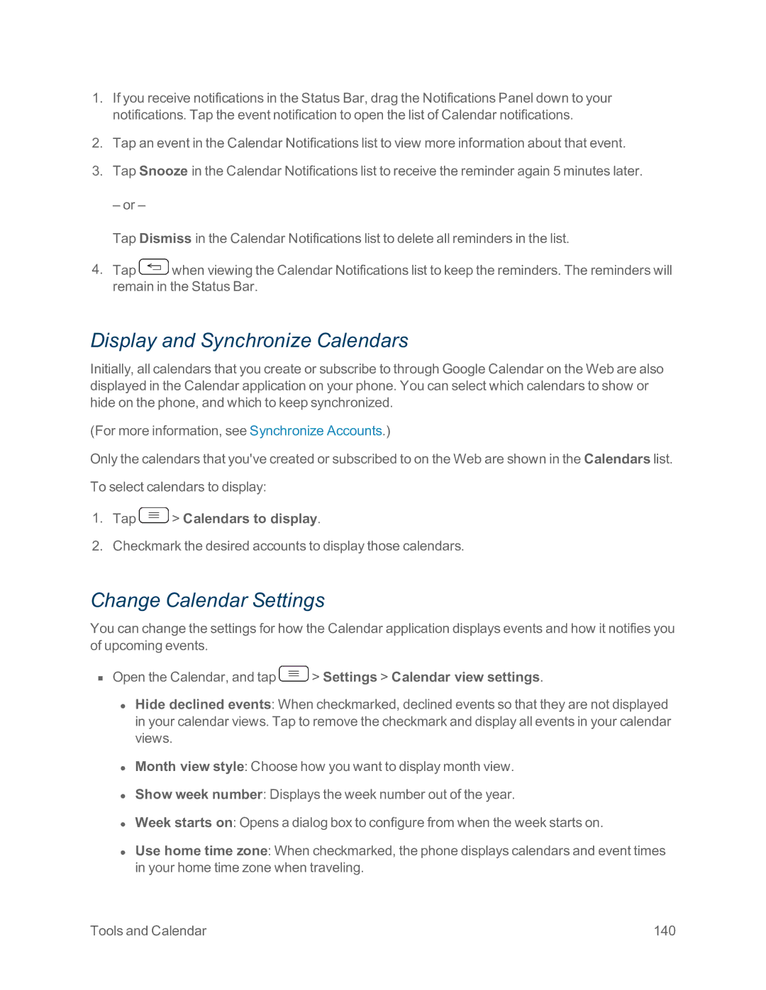 Sprint Nextel LG G2 manual Display and Synchronize Calendars, Change Calendar Settings, Tap Calendars to display 