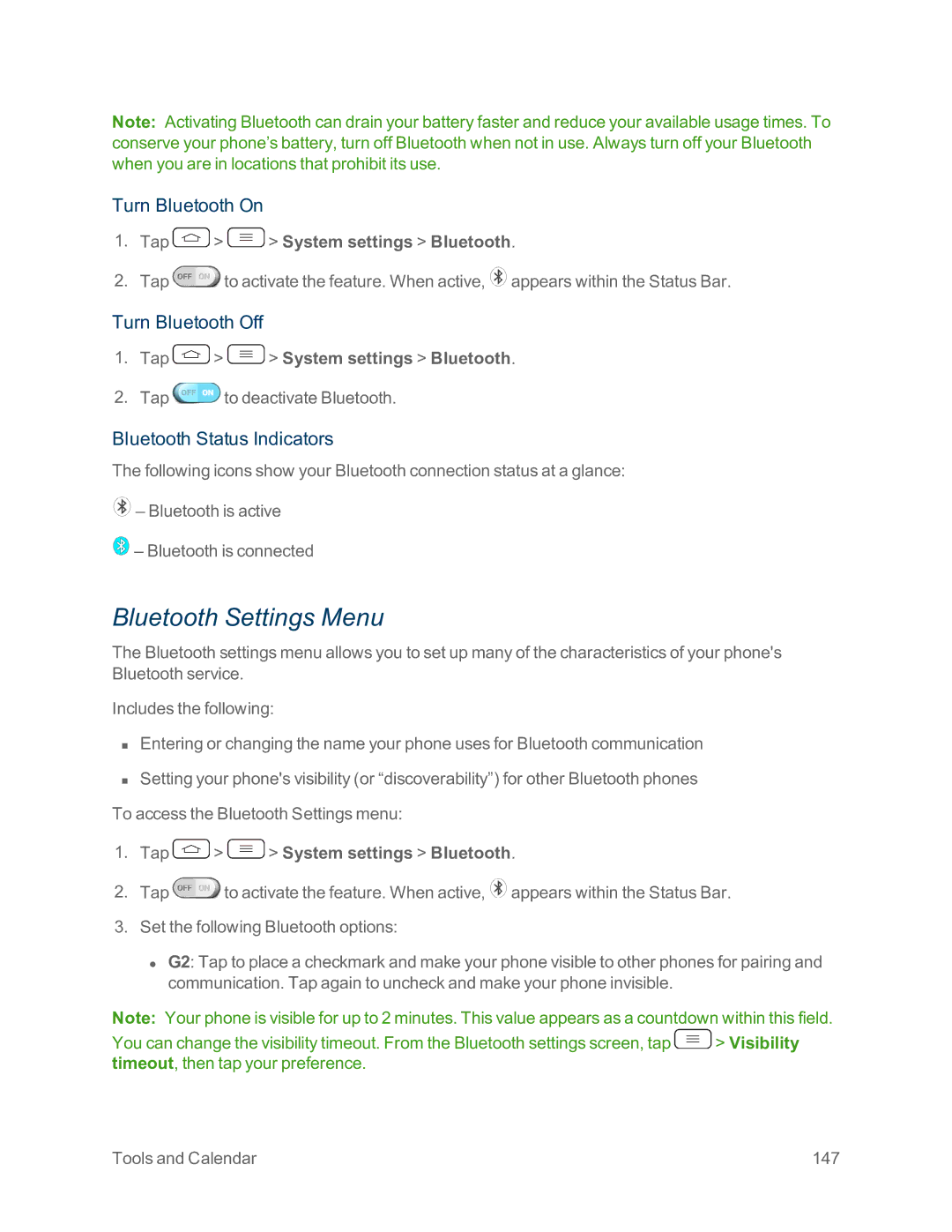 Sprint Nextel LG G2 manual Bluetooth Settings Menu, Turn Bluetooth On, Turn Bluetooth Off, Bluetooth Status Indicators 