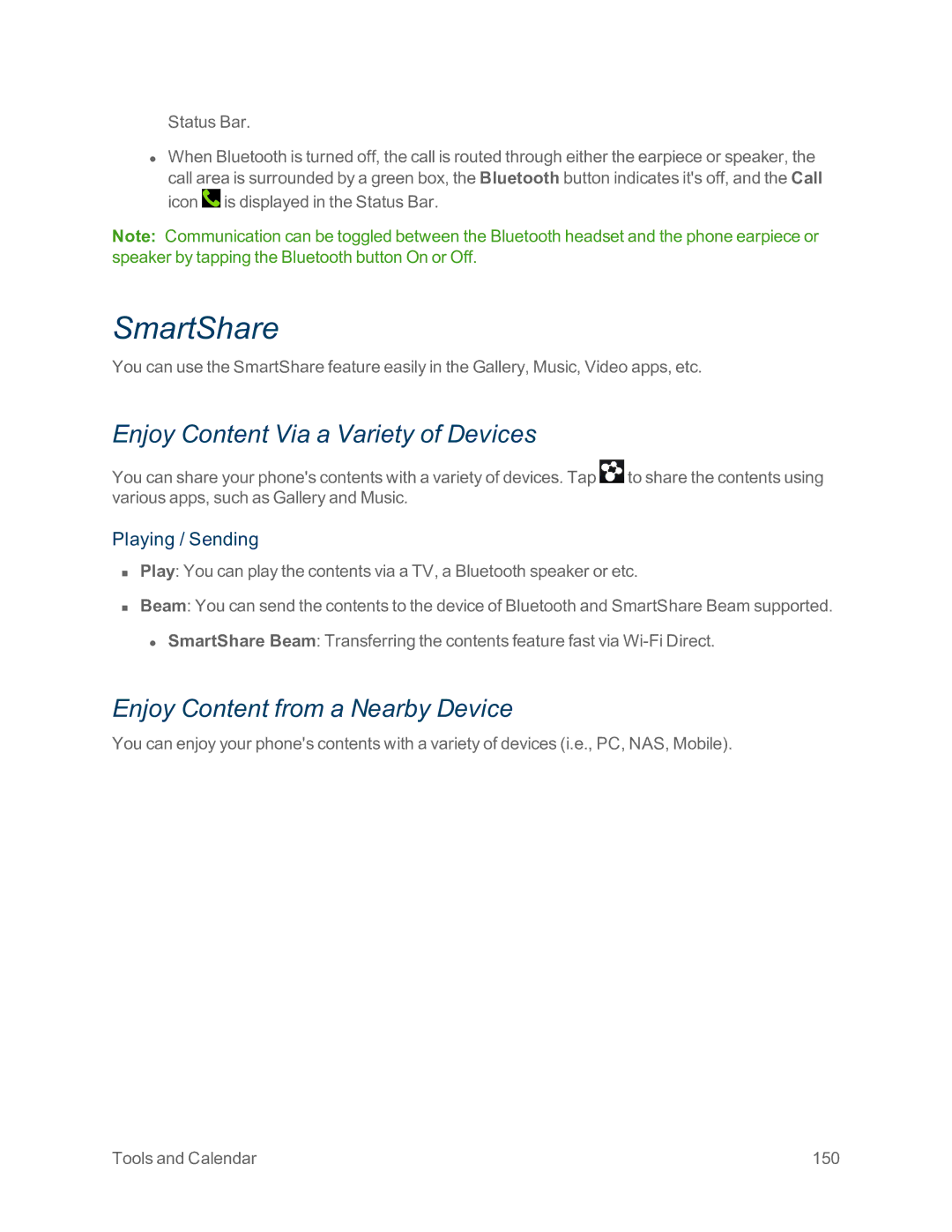 Sprint Nextel LG G2 manual SmartShare, Enjoy Content Via a Variety of Devices, Enjoy Content from a Nearby Device 