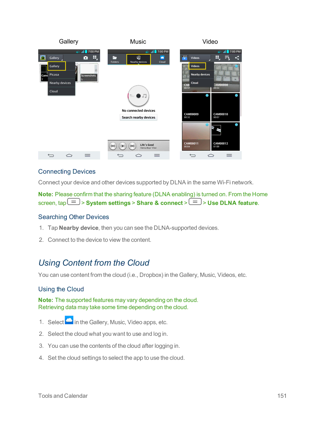 Sprint Nextel LG G2 manual Using Content from the Cloud, Connecting Devices, Searching Other Devices, Using the Cloud 