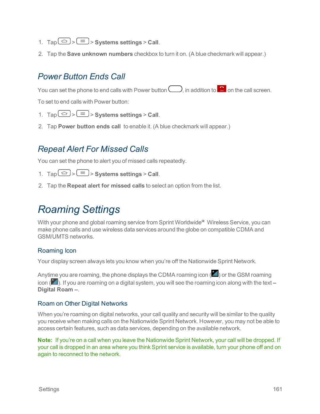 Sprint Nextel LG G2 manual Roaming Settings, Power Button Ends Call, Repeat Alert For Missed Calls, Roaming Icon 