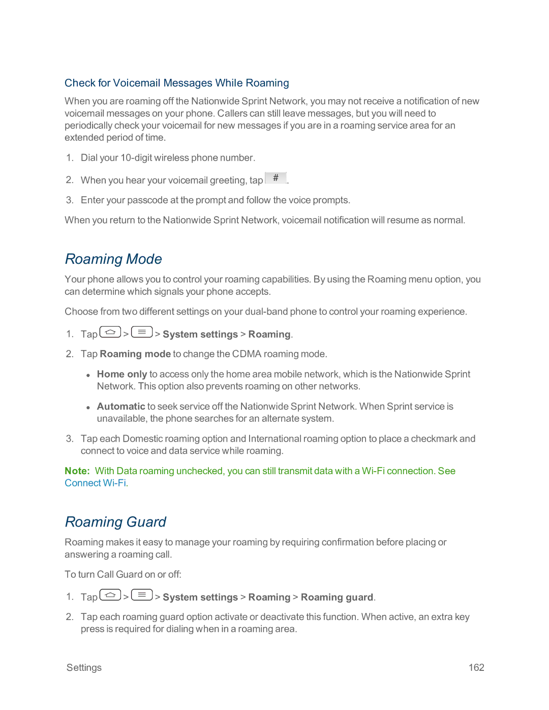 Sprint Nextel LG G2 Roaming Mode, Roaming Guard, Check for Voicemail Messages While Roaming, Tap System settings Roaming 