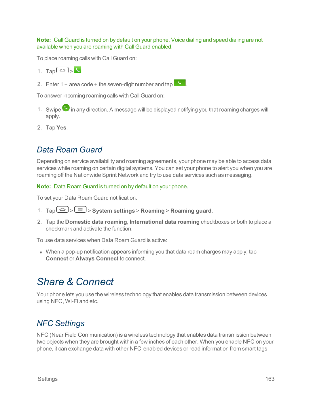 Sprint Nextel LG G2 manual Share & Connect, Data Roam Guard, NFC Settings 