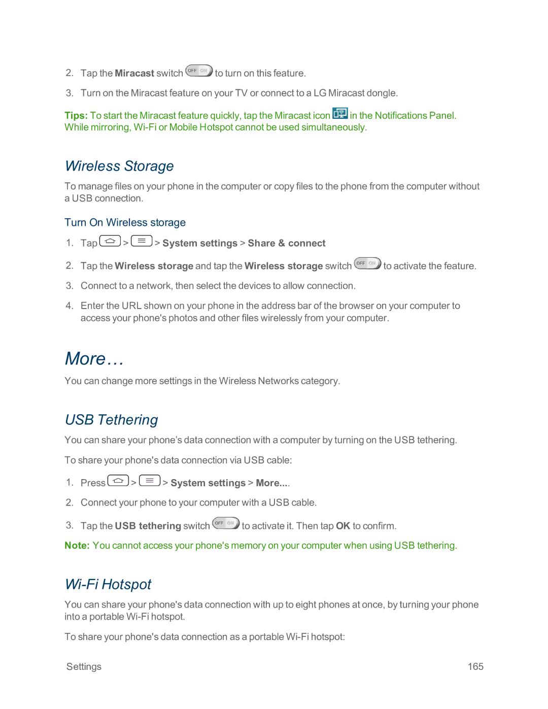 Sprint Nextel LG G2 manual More…, Wireless Storage, USB Tethering, Wi-Fi Hotspot, Turn On Wireless storage 