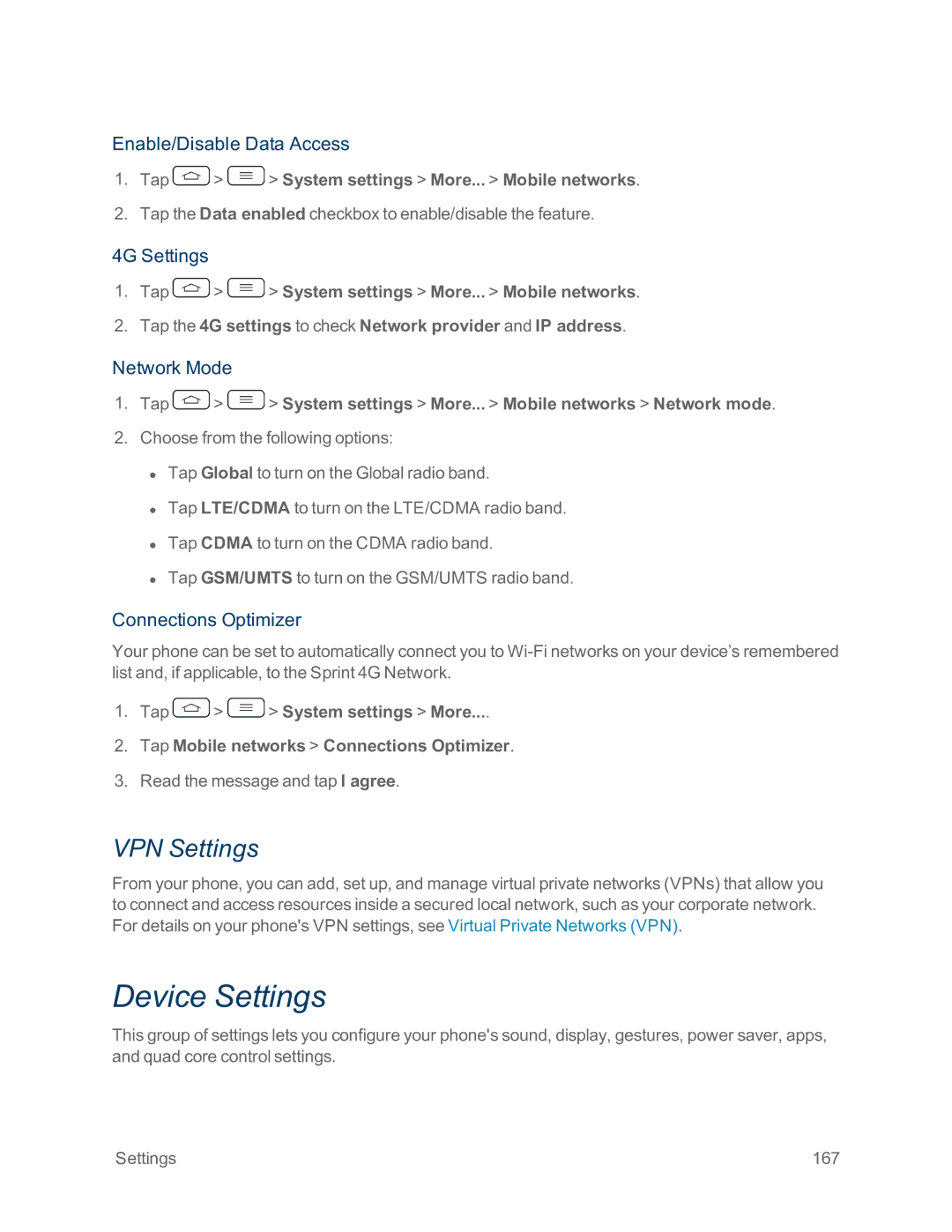 Sprint Nextel LG G2 manual Device Settings, VPN Settings 