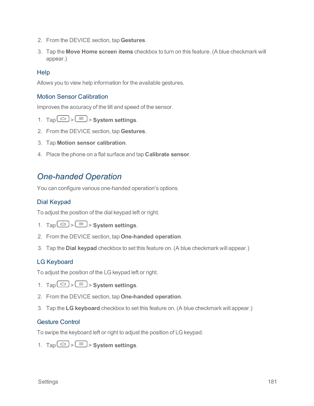 Sprint Nextel LG G2 manual One-handed Operation, Motion Sensor Calibration, Dial Keypad, LG Keyboard, Gesture Control 