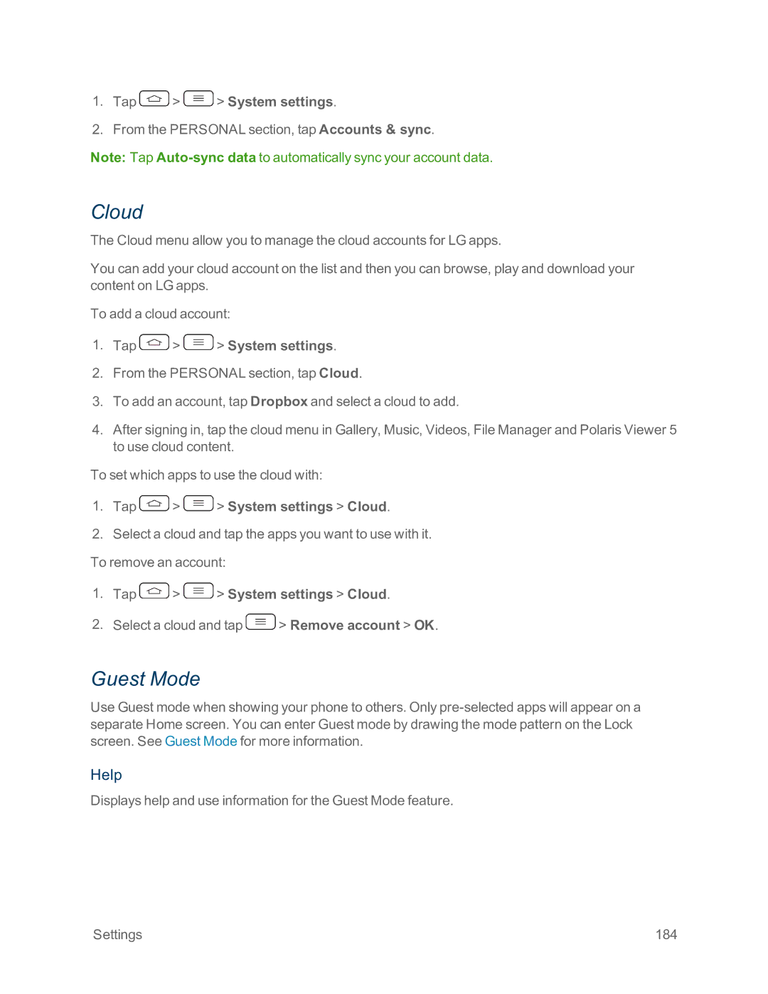 Sprint Nextel LG G2 manual Guest Mode, Tap System settings Cloud 