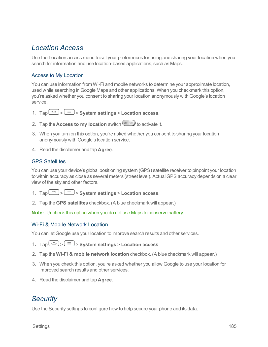 Sprint Nextel LG G2 Location Access, Security, Access to My Location, GPS Satellites, Wi-Fi & Mobile Network Location 