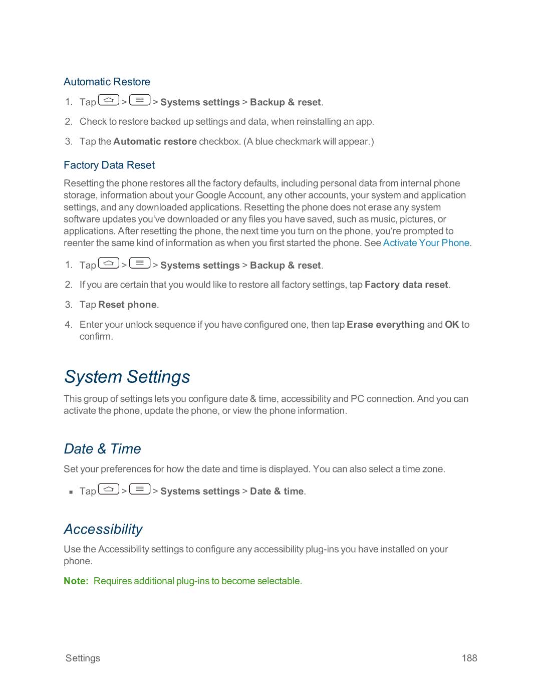 Sprint Nextel LG G2 manual System Settings, Date & Time, Accessibility, Automatic Restore, Factory Data Reset 