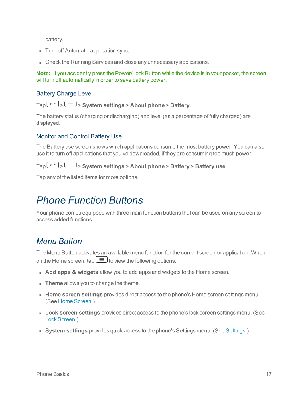 Sprint Nextel LG G2 manual Phone Function Buttons, Menu Button, Battery Charge Level, Monitor and Control Battery Use 