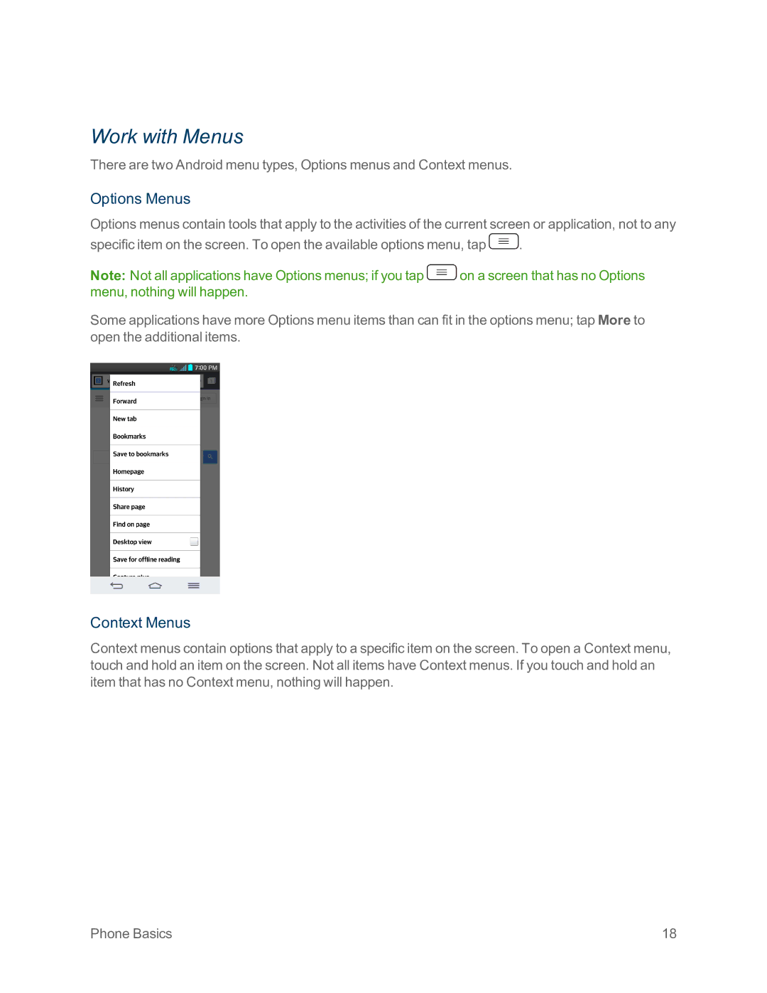 Sprint Nextel LG G2 manual Work with Menus, Options Menus, Context Menus 