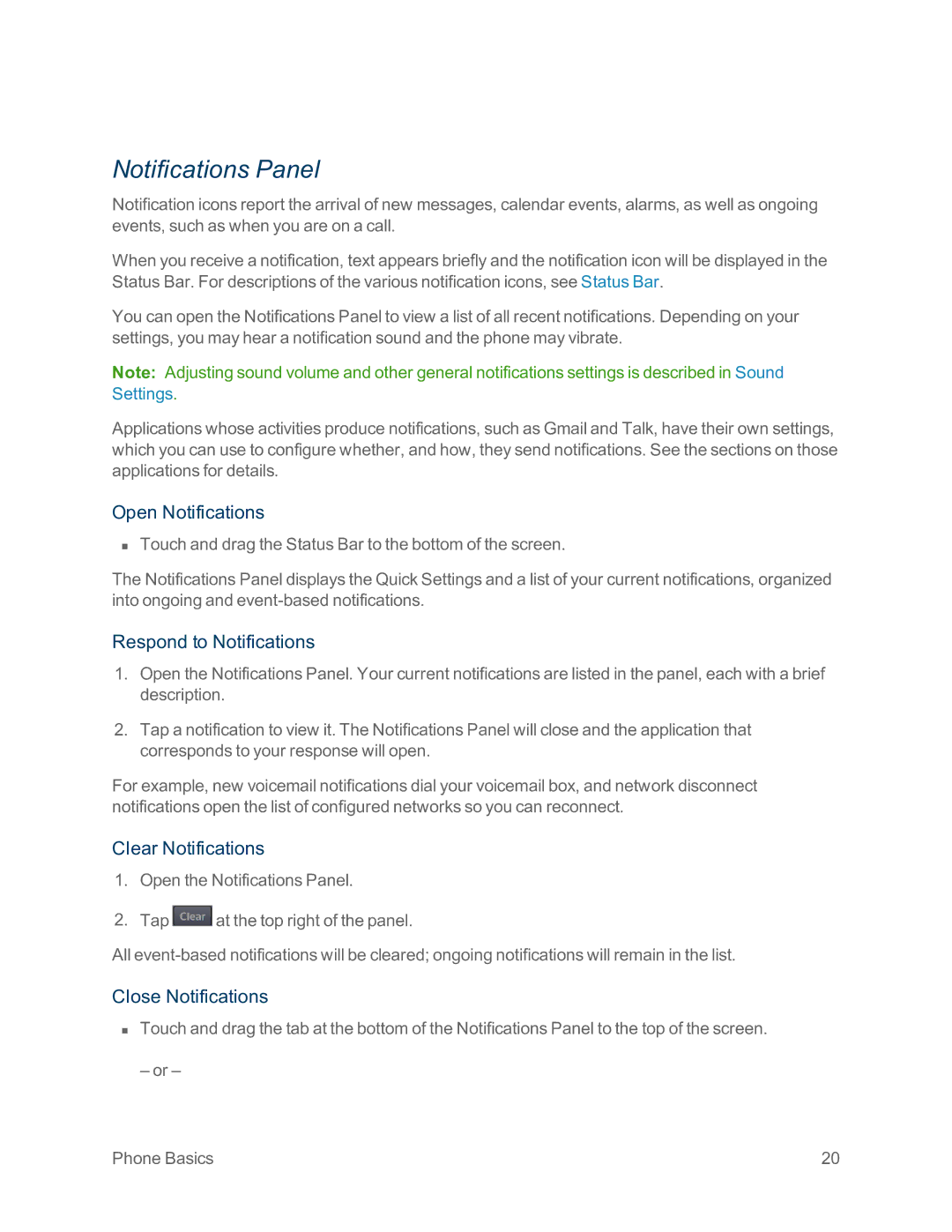 Sprint Nextel LG G2 manual Notifications Panel, Open Notifications, Respond to Notifications, Clear Notifications 