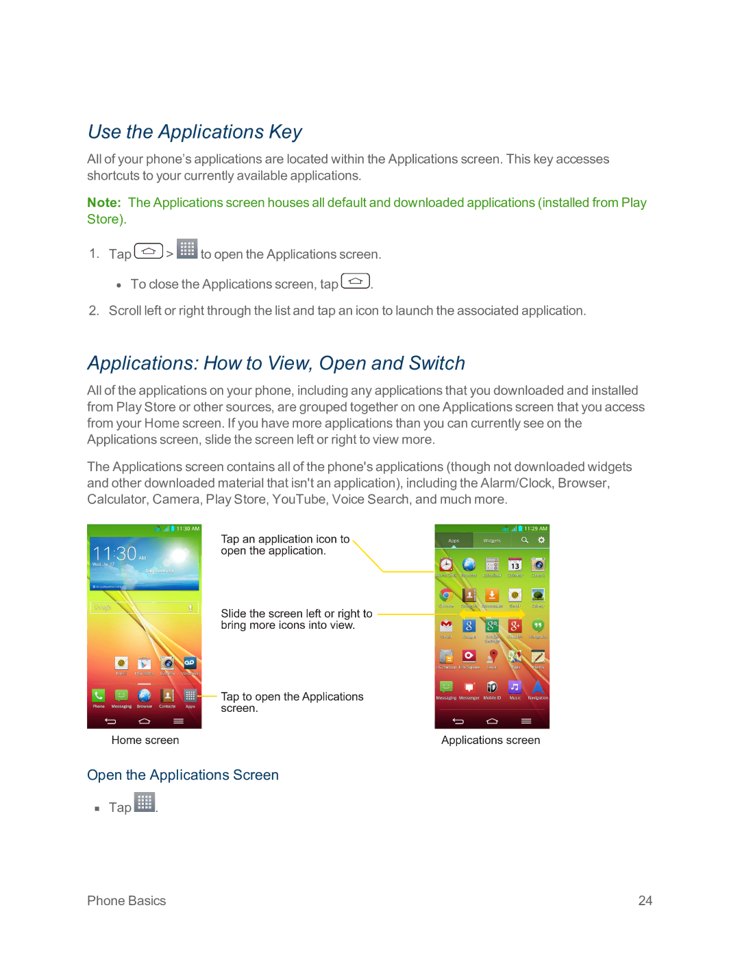 Sprint Nextel LG G2 Use the Applications Key, Applications How to View, Open and Switch, Open the Applications Screen 