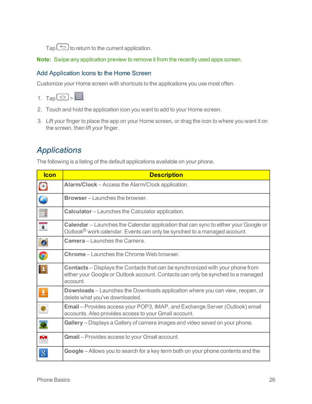 Sprint Nextel LG G2 manual Applications, Add Application Icons to the Home Screen 