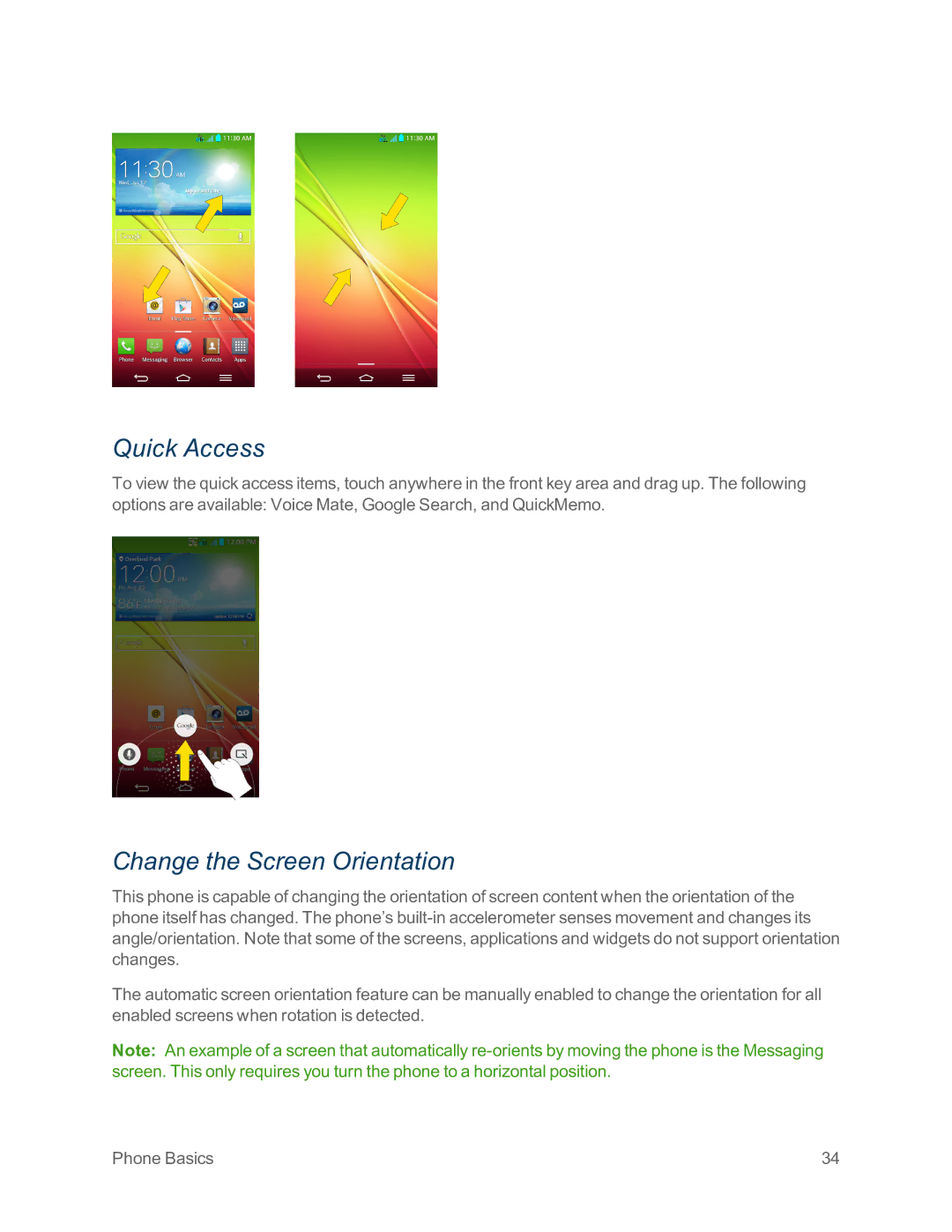 Sprint Nextel LG G2 manual Quick Access, Change the Screen Orientation 