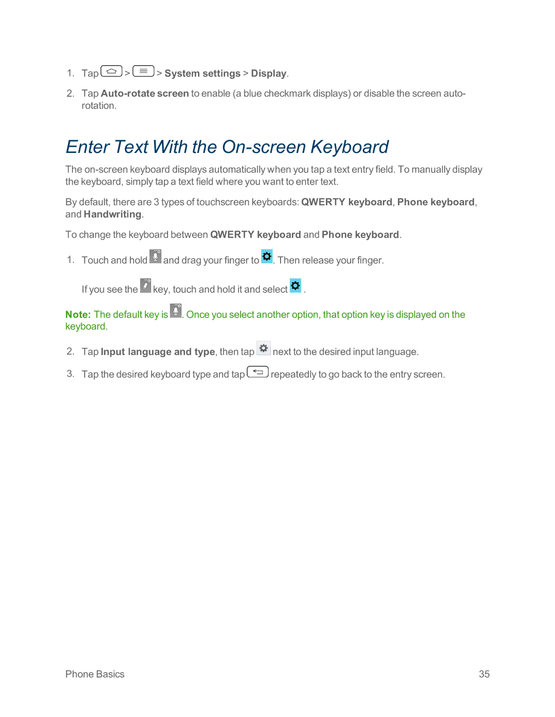 Sprint Nextel LG G2 manual Enter Text With the On-screen Keyboard, Tap System settings Display 