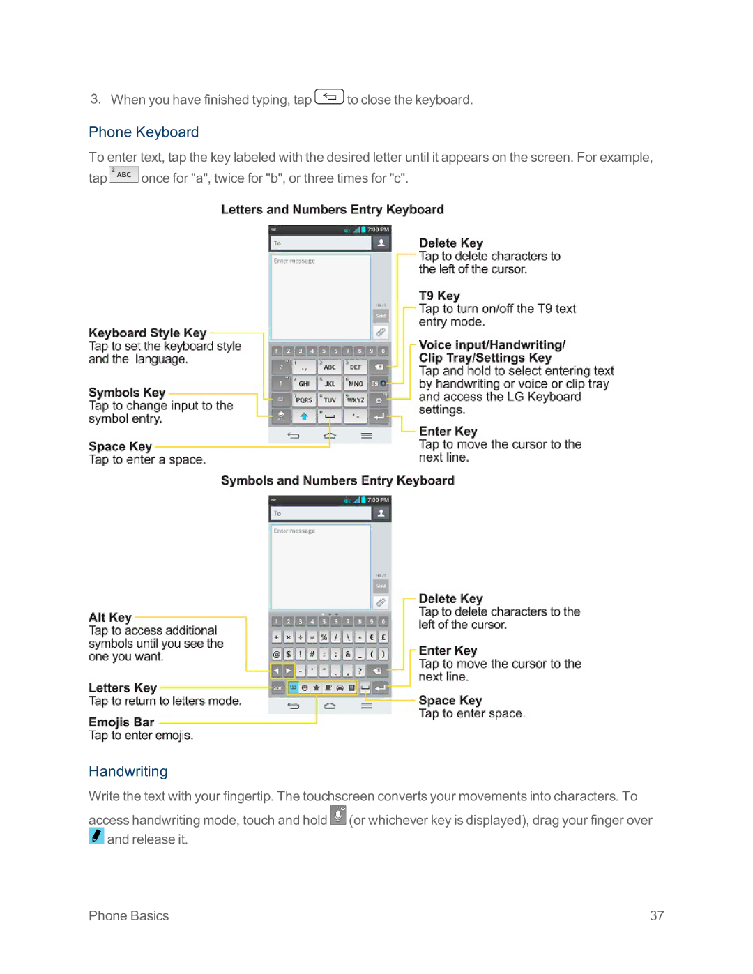 Sprint Nextel LG G2 manual Phone Keyboard, Handwriting 