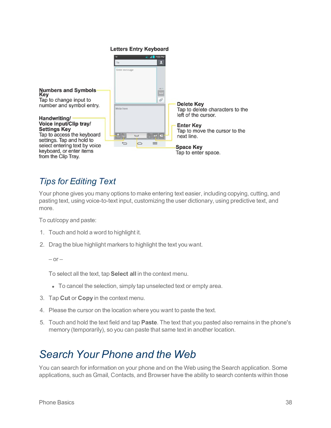Sprint Nextel LG G2 manual Search Your Phone and the Web, Tips for Editing Text 