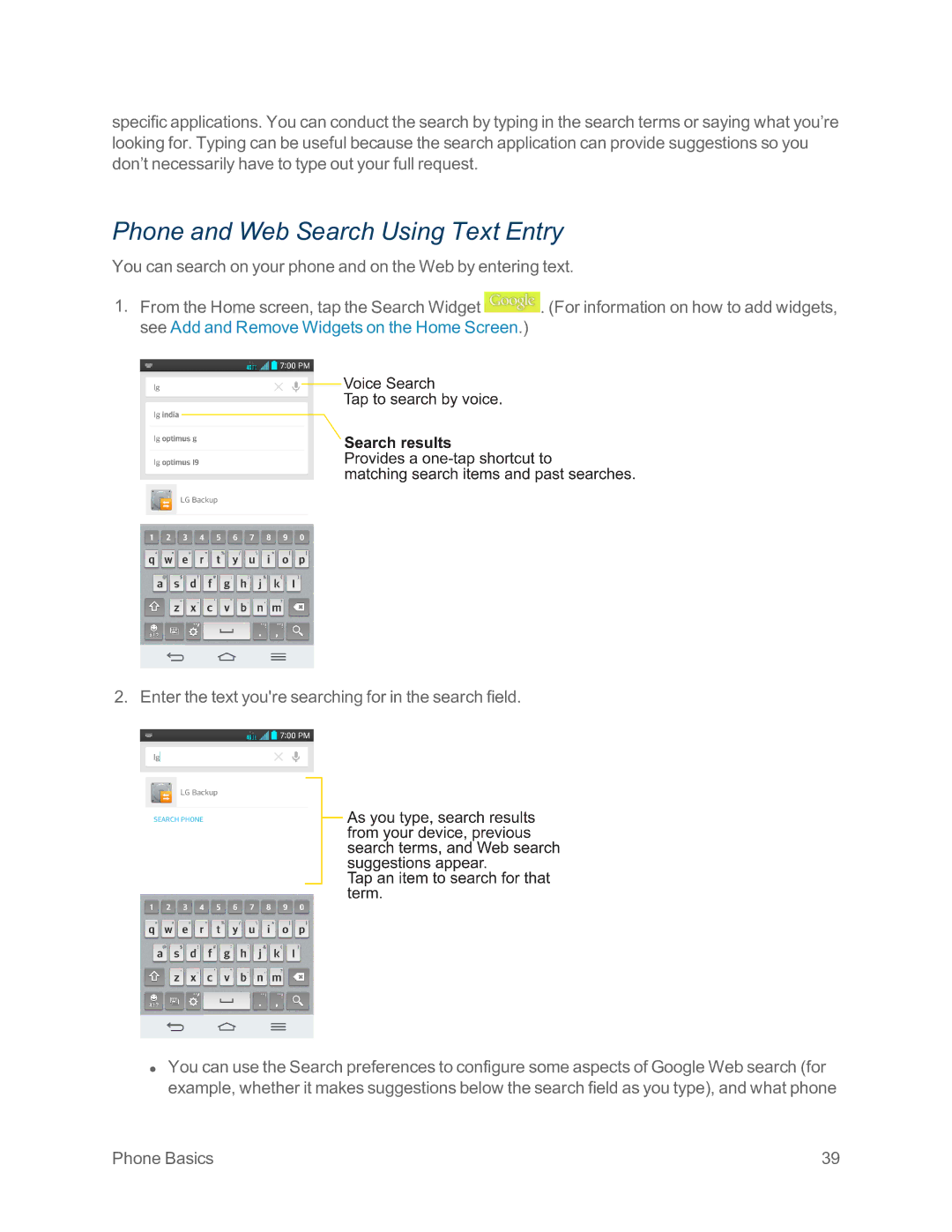 Sprint Nextel LG G2 manual Phone and Web Search Using Text Entry 