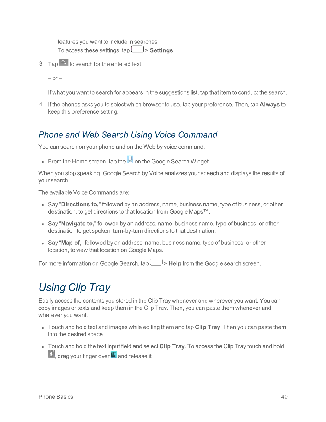 Sprint Nextel LG G2 manual Using Clip Tray, Phone and Web Search Using Voice Command 