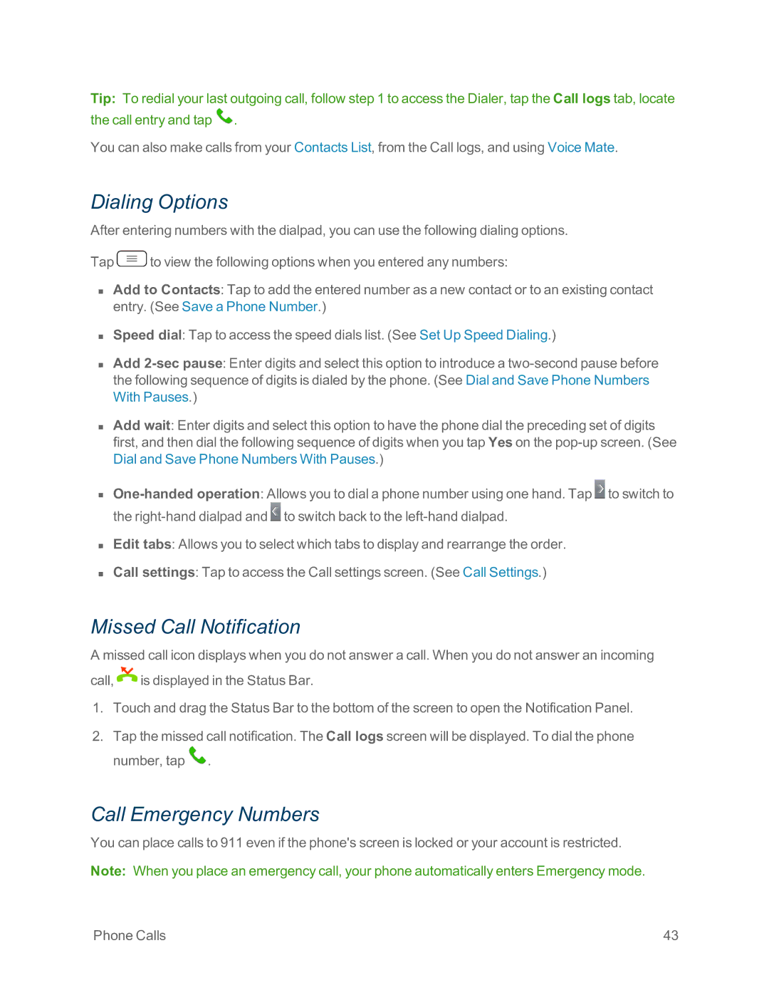 Sprint Nextel LG G2 manual Dialing Options, Missed Call Notification, Call Emergency Numbers 