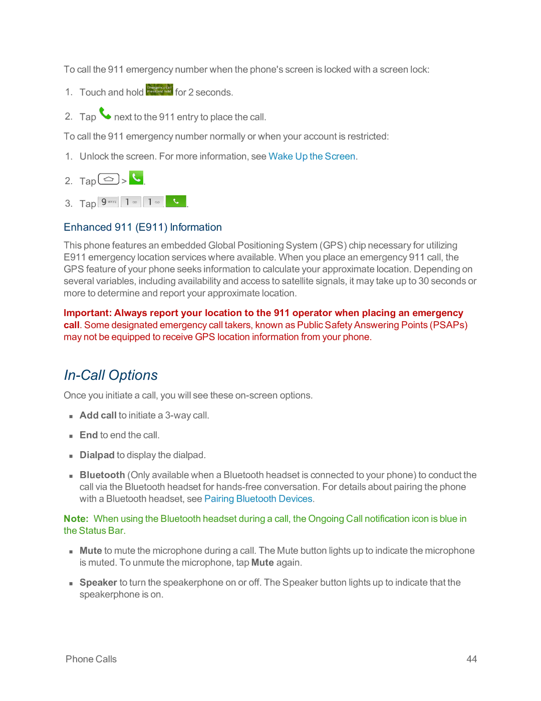 Sprint Nextel LG G2 manual In-Call Options, Enhanced 911 E911 Information 