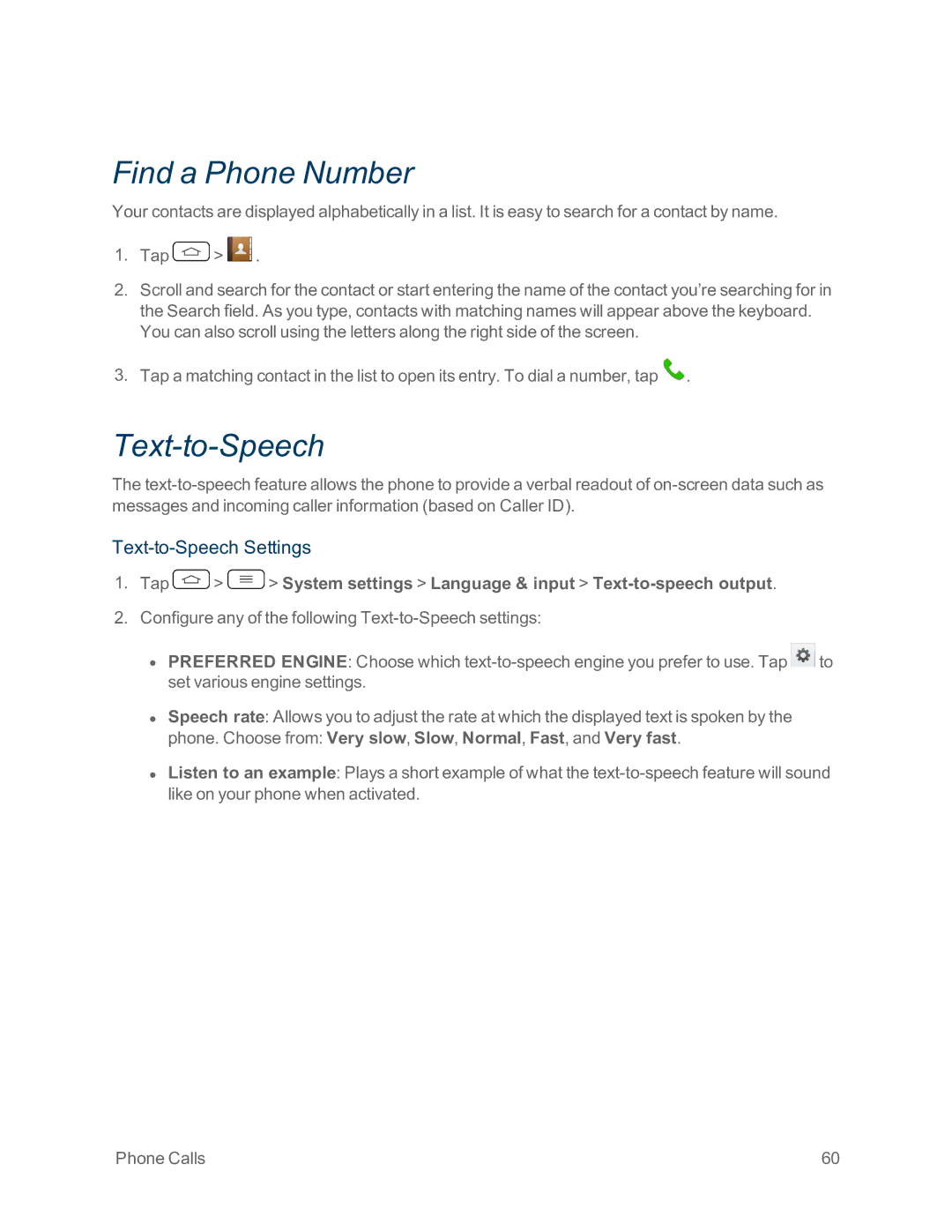 Sprint Nextel LG G2 manual Find a Phone Number, Text-to-Speech Settings 