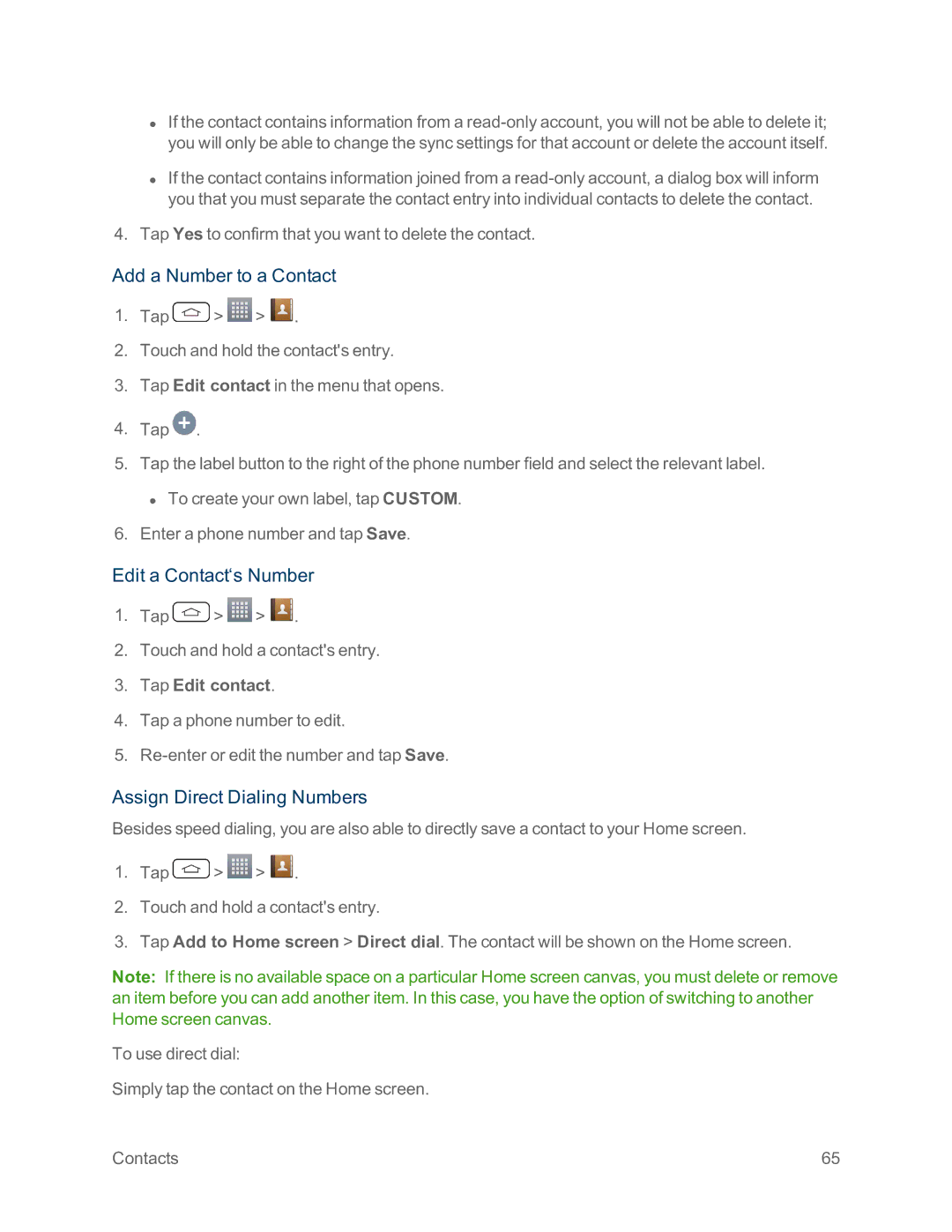 Sprint Nextel LG G2 manual Add a Number to a Contact, Edit a Contact‘s Number, Assign Direct Dialing Numbers 