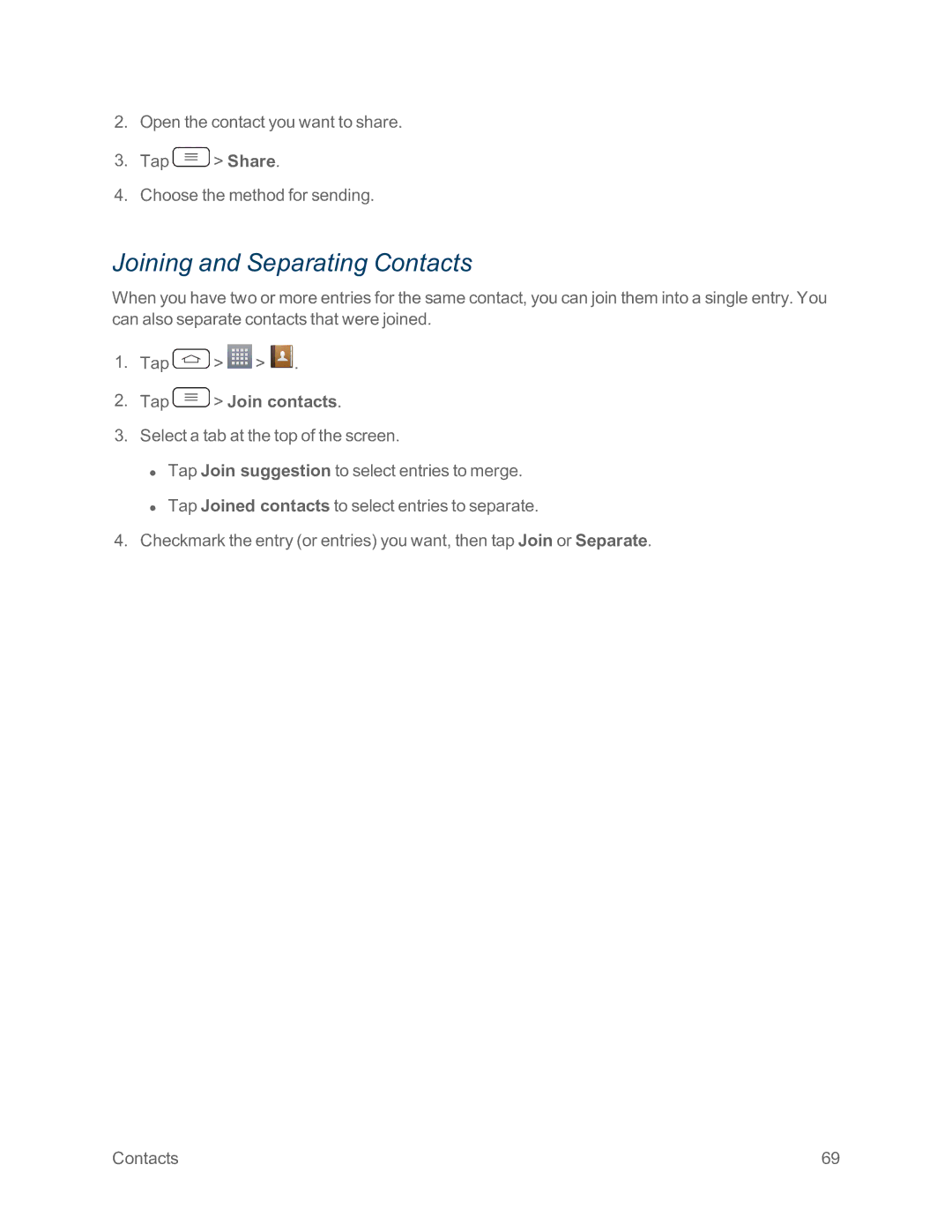Sprint Nextel LG G2 manual Joining and Separating Contacts, Tap Join contacts 