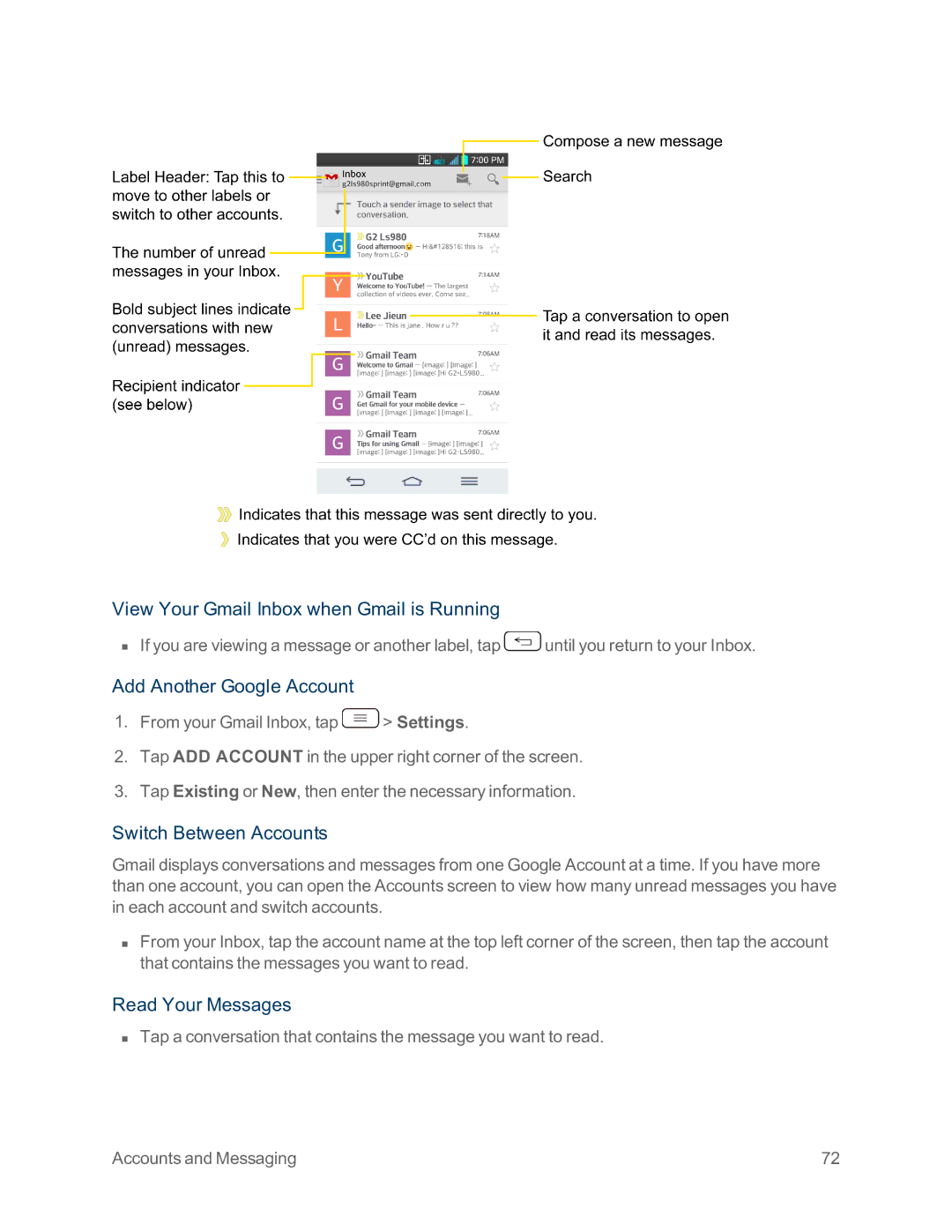 Sprint Nextel LG G2 manual View Your Gmail Inbox when Gmail is Running, Add Another Google Account, Switch Between Accounts 