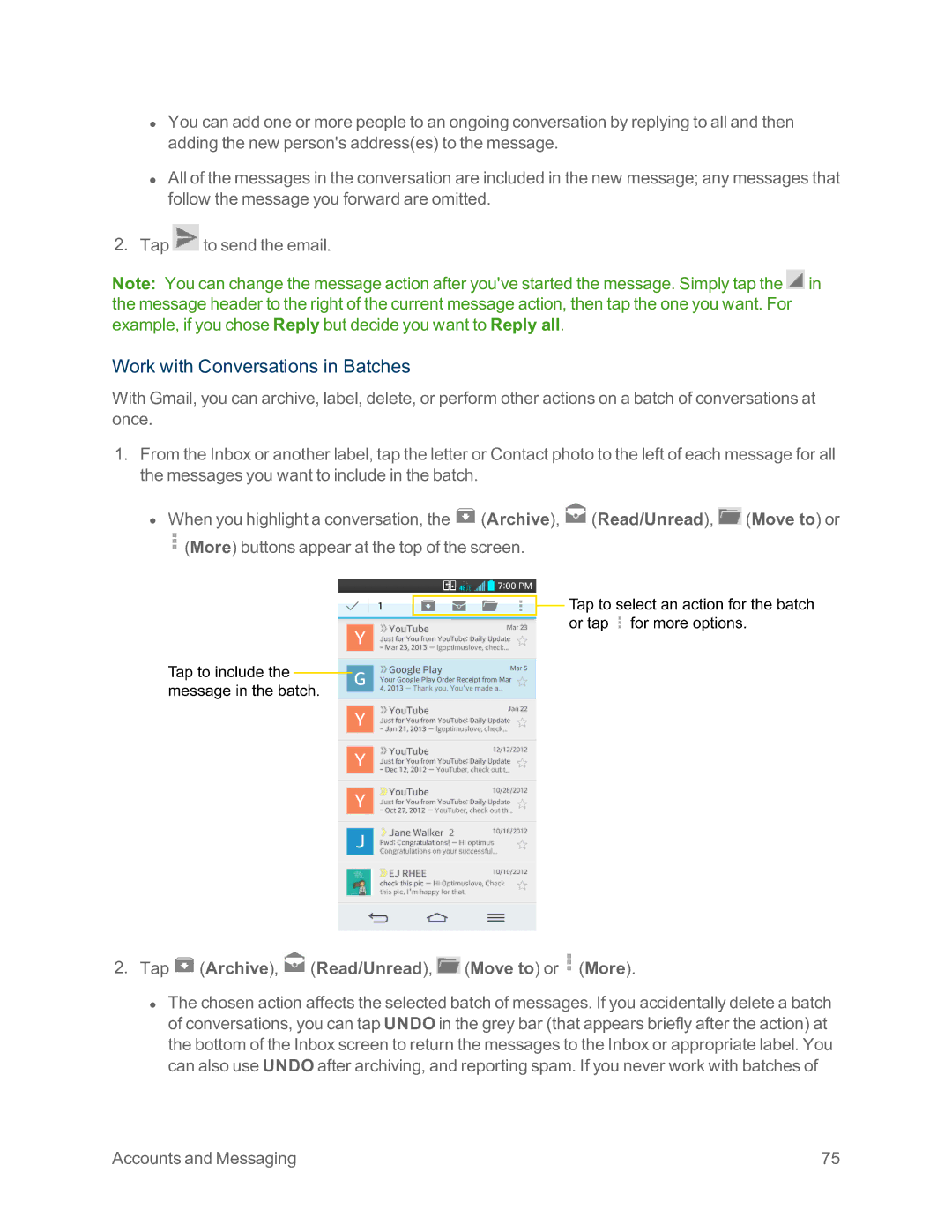 Sprint Nextel LG G2 manual Work with Conversations in Batches, Tap Archive, Read/Unread, Move to or More 