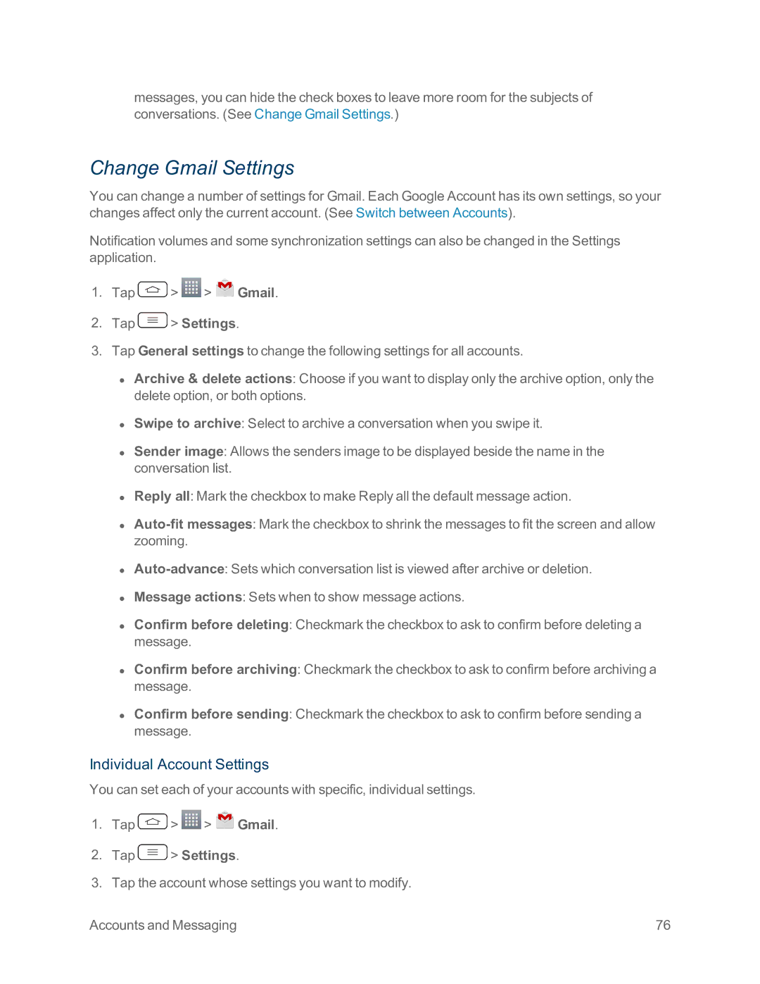 Sprint Nextel LG G2 manual Change Gmail Settings, Individual Account Settings 