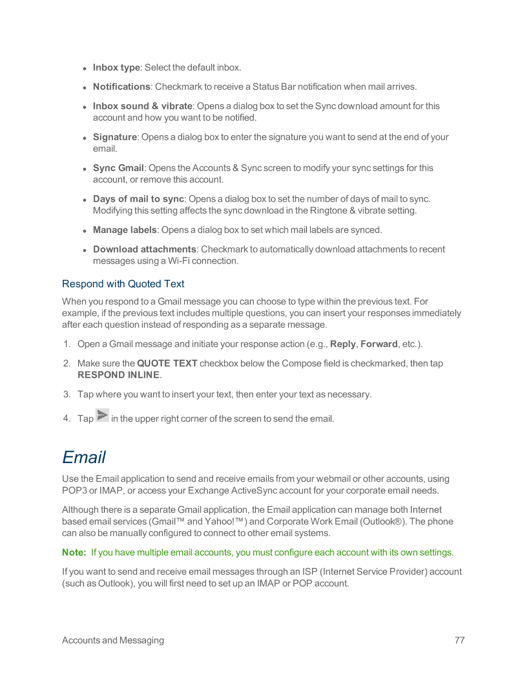 Sprint Nextel LG G2 manual Respond with Quoted Text, Respond Inline 