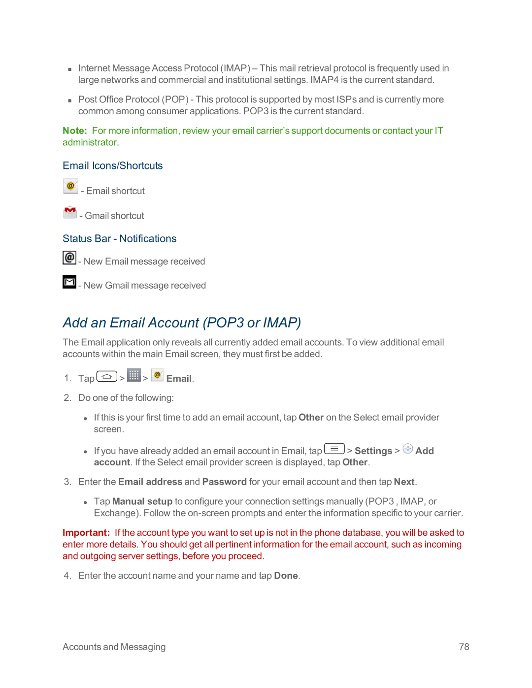 Sprint Nextel LG G2 manual Add an Email Account POP3 or Imap, Email Icons/Shortcuts, Status Bar Notifications 