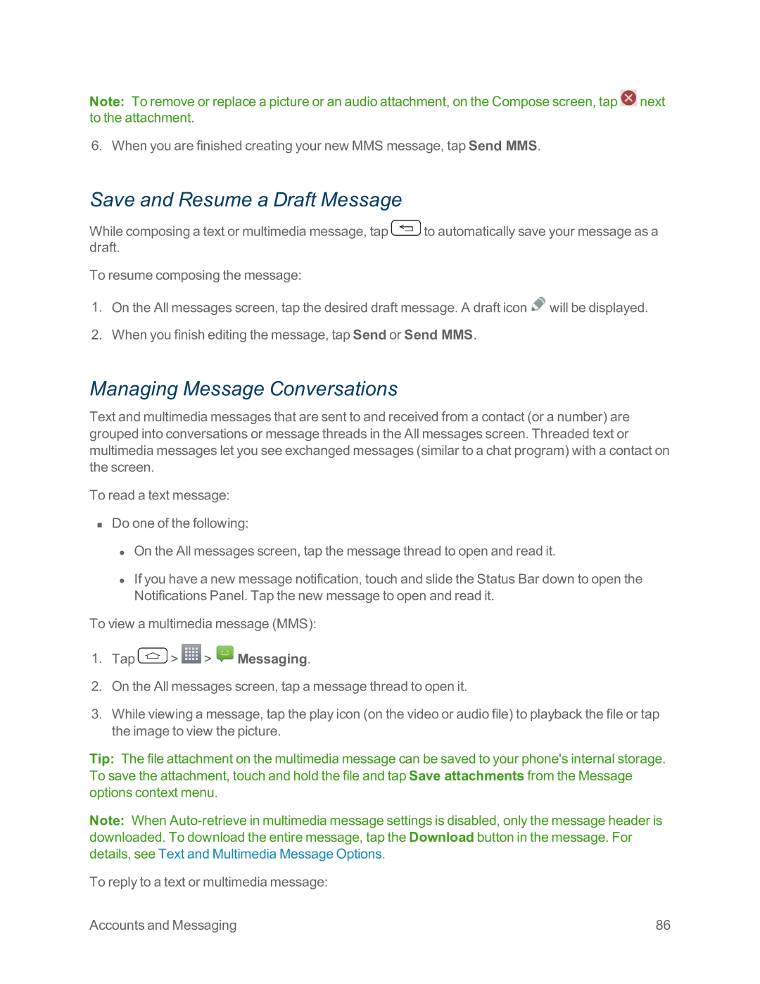 Sprint Nextel LG G2 manual Save and Resume a Draft Message, Managing Message Conversations 