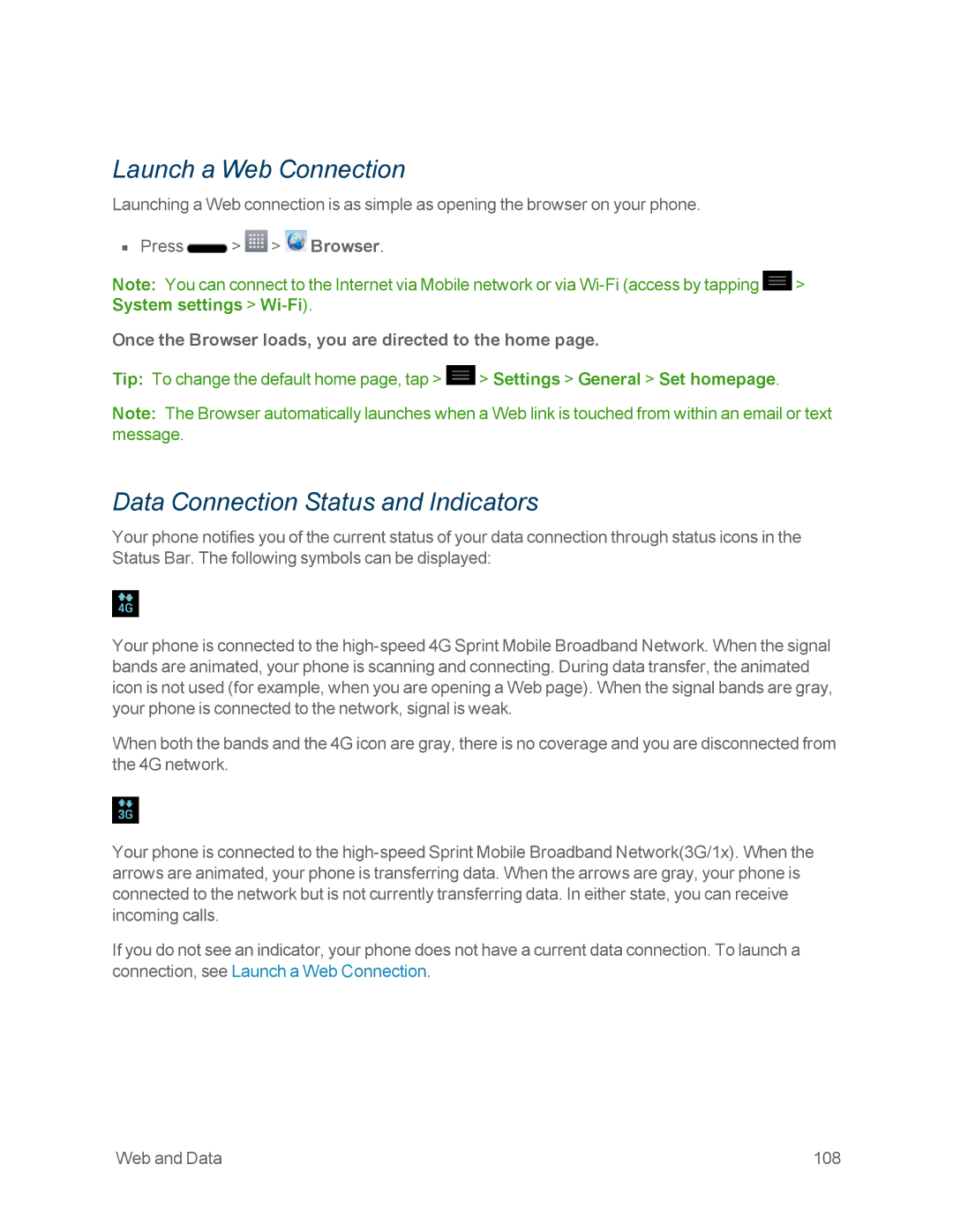 Sprint Nextel LG OPTIMUS F3 manual Launch a Web Connection, Data Connection Status and Indicators 