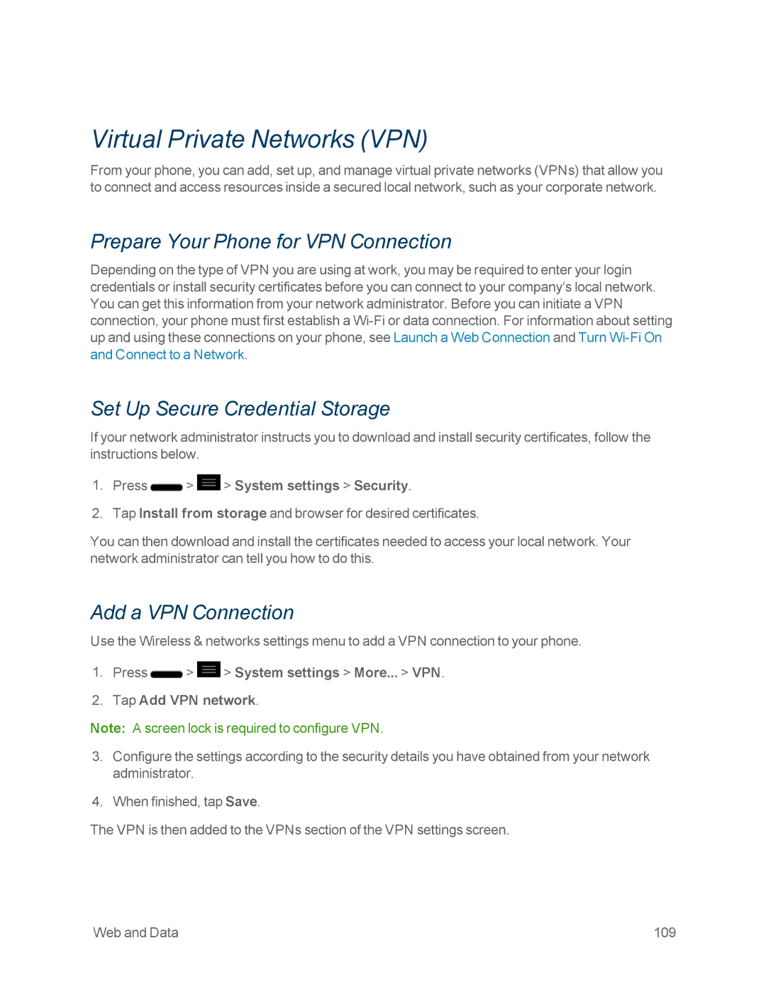 Sprint Nextel LG OPTIMUS F3 Virtual Private Networks VPN, Prepare Your Phone for VPN Connection, Add a VPN Connection 