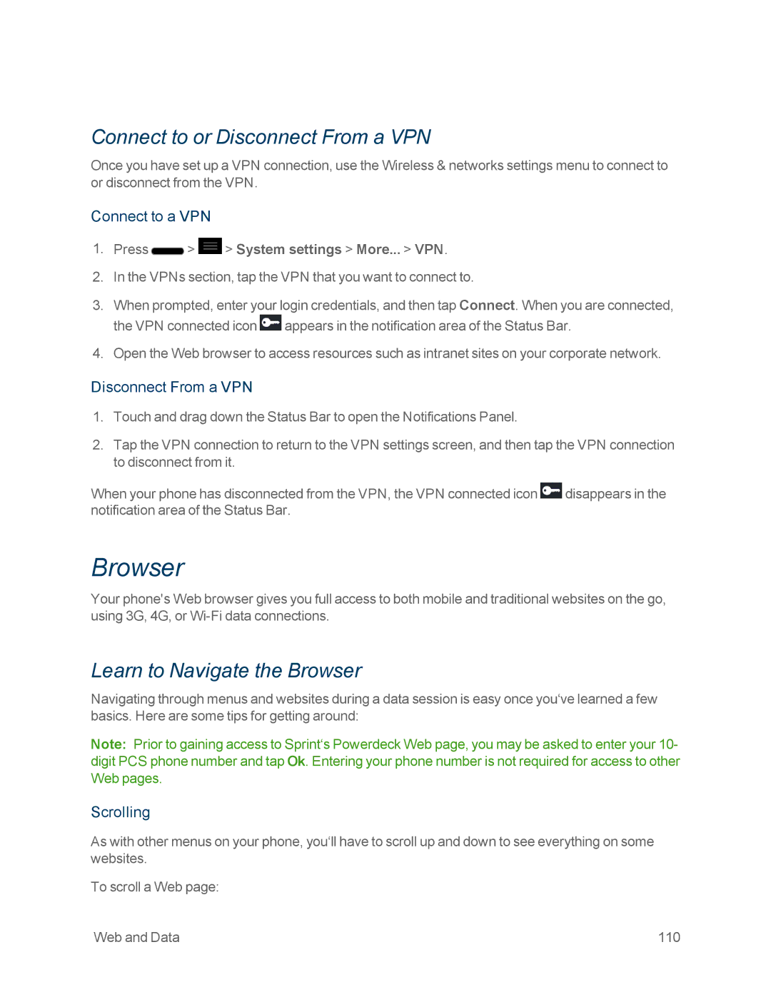 Sprint Nextel LG OPTIMUS F3 manual Connect to or Disconnect From a VPN, Learn to Navigate the Browser 