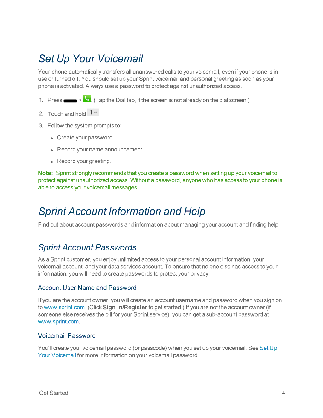 Sprint Nextel LG OPTIMUS F3 manual Set Up Your Voicemail, Sprint Account Information and Help, Sprint Account Passwords 