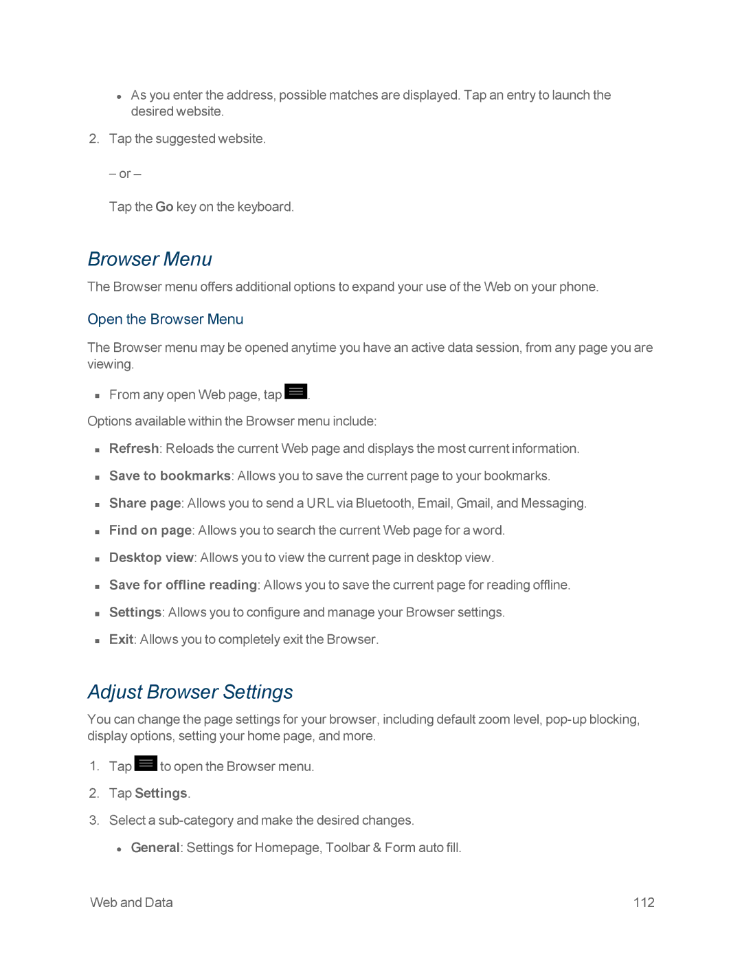 Sprint Nextel LG OPTIMUS F3 manual Adjust Browser Settings, Open the Browser Menu, Tap Settings 