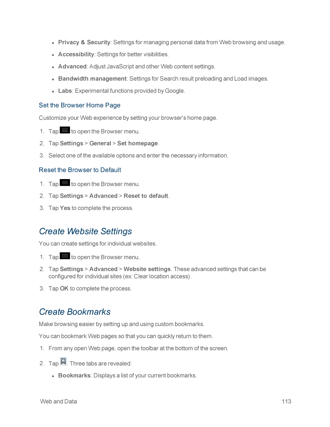 Sprint Nextel LG OPTIMUS F3 Create Website Settings, Create Bookmarks, Set the Browser Home, Reset the Browser to Default 