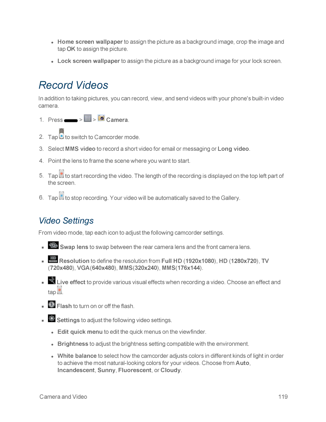 Sprint Nextel LG OPTIMUS F3 manual Record Videos, Video Settings 