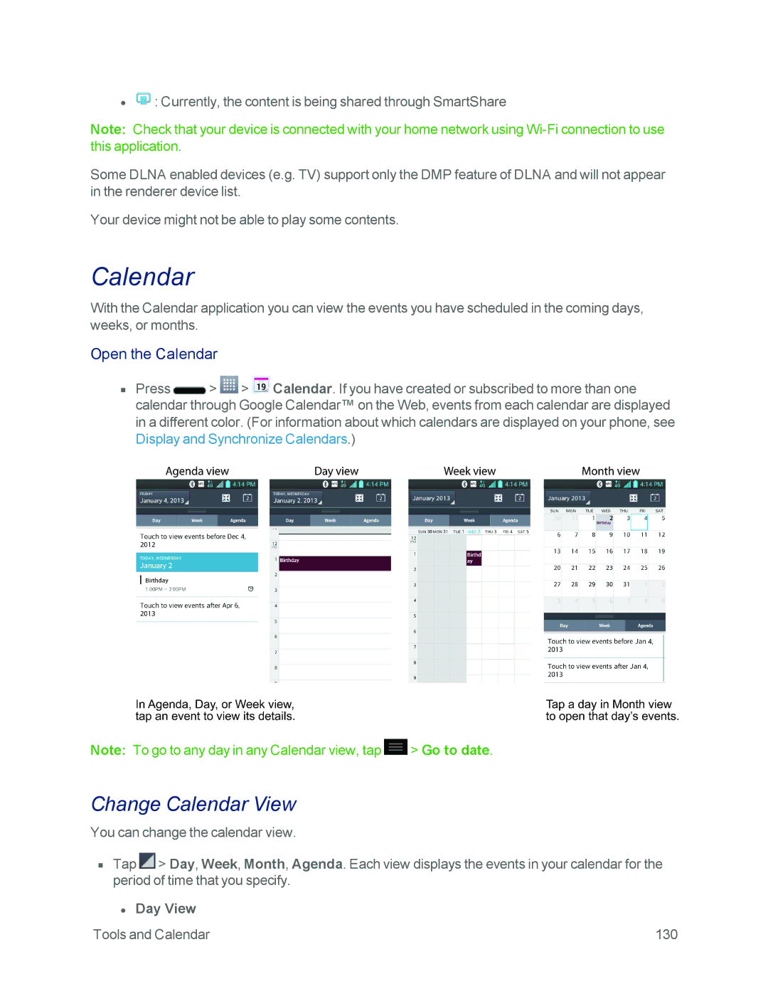 Sprint Nextel LG OPTIMUS F3 manual Change Calendar View, Open the Calendar, Day View 