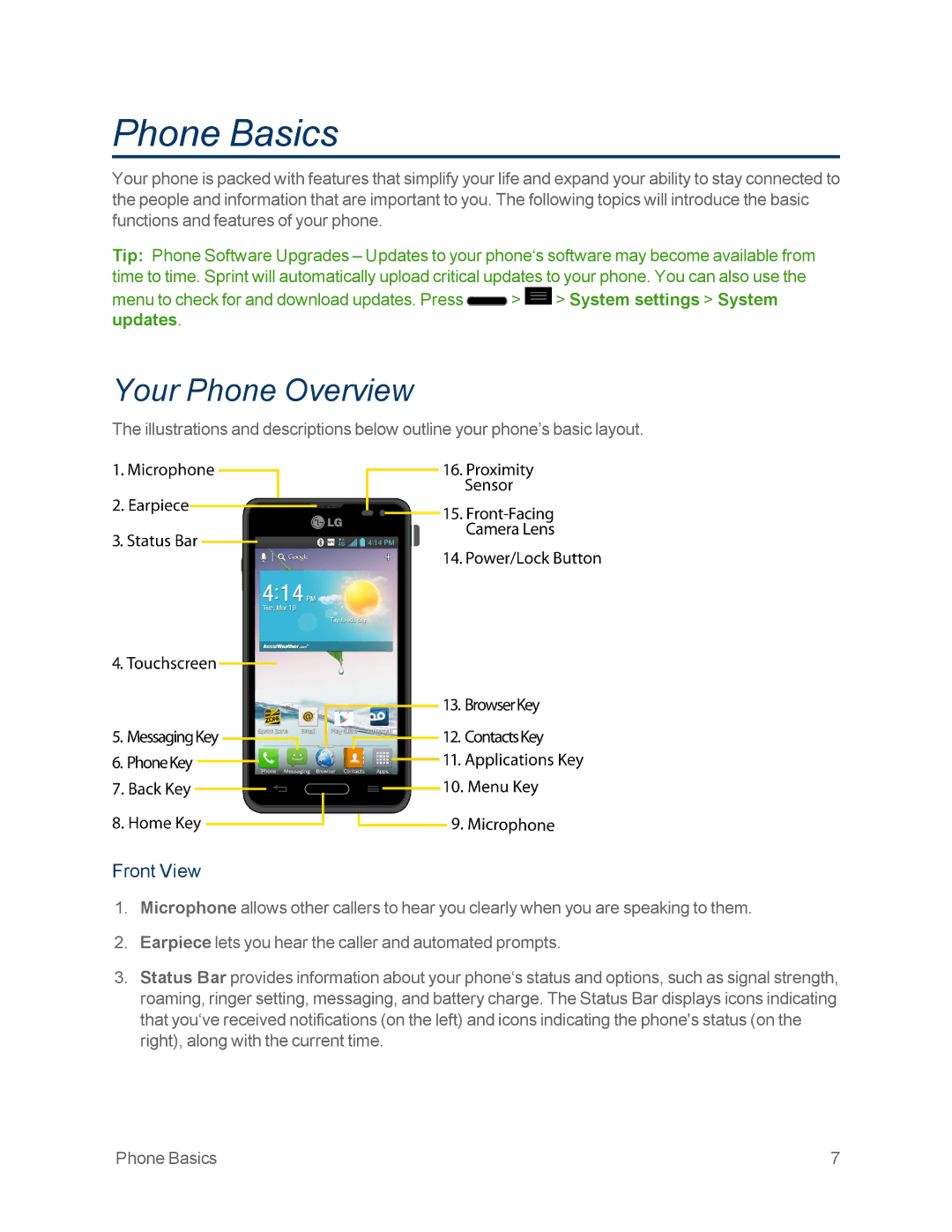 Sprint Nextel LG OPTIMUS F3 manual Phone Basics, Your Phone Overview, Front View 