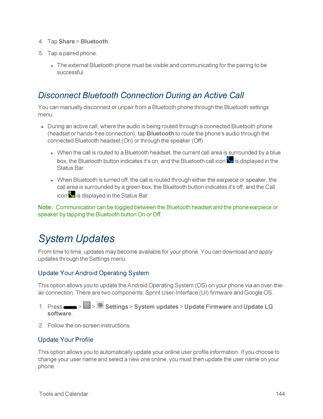 Sprint Nextel LG OPTIMUS F3 System Updates, Disconnect Bluetooth Connection During an Active Call, Update Your Profile 