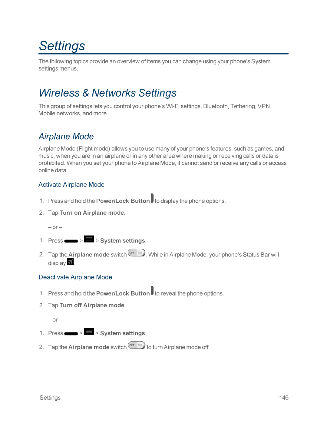 Sprint Nextel LG OPTIMUS F3 manual Wireless & Networks Settings, Activate Airplane Mode, Deactivate Airplane Mode 
