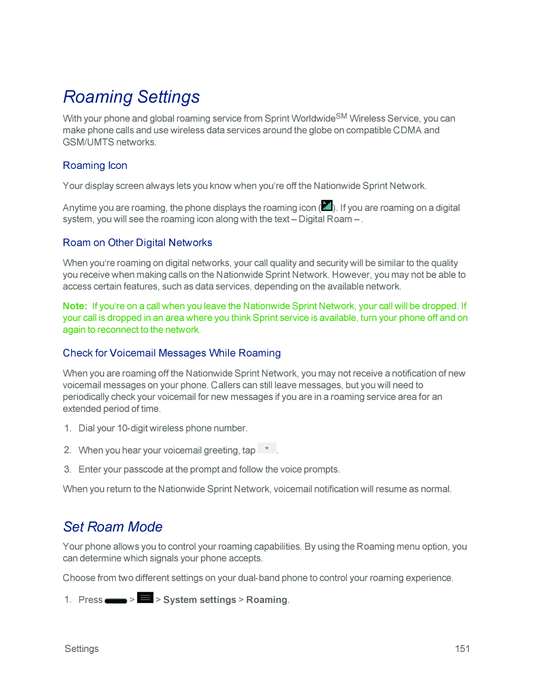 Sprint Nextel LG OPTIMUS F3 manual Roaming Settings, Set Roam Mode, Roaming Icon, Roam on Other Digital Networks 
