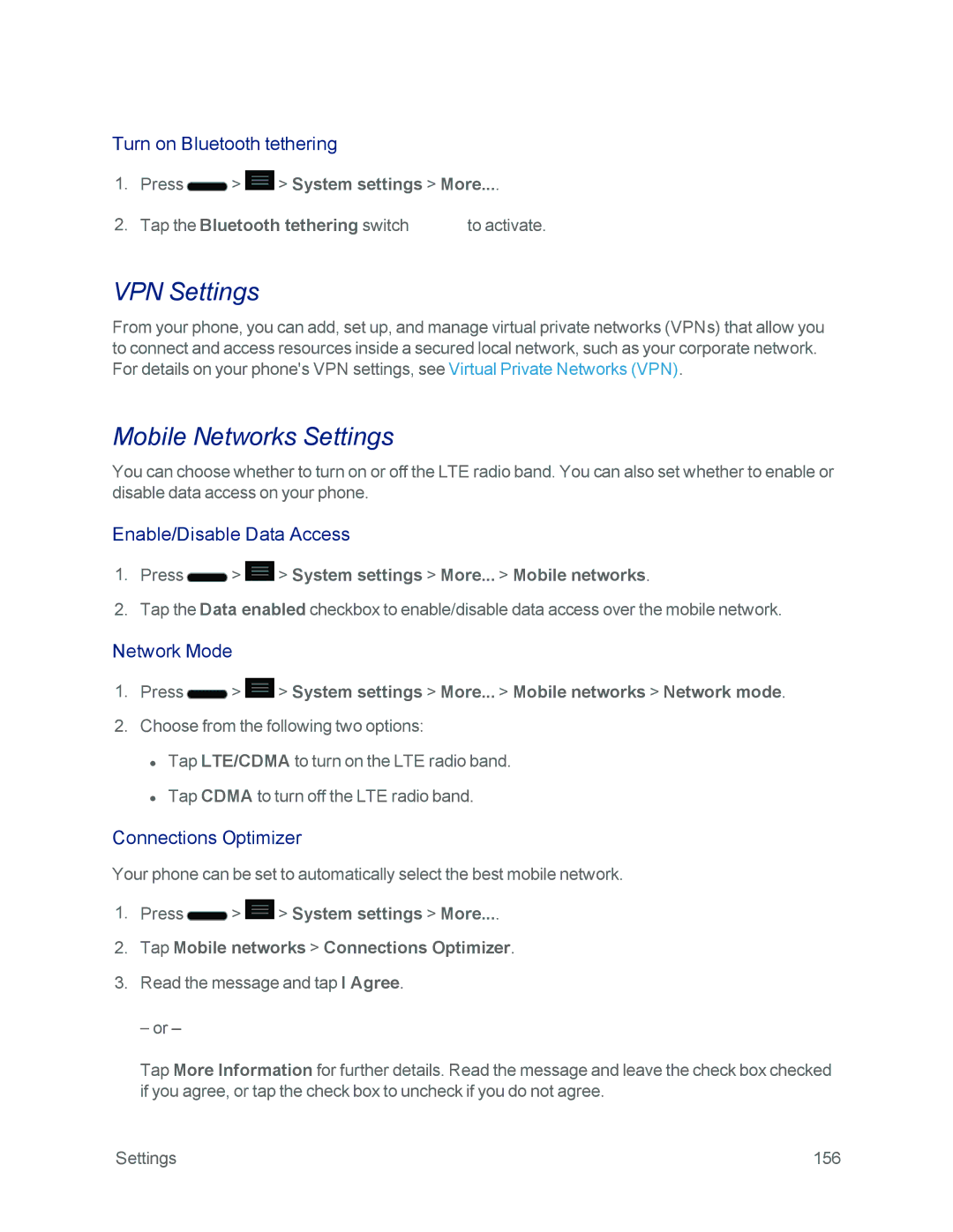 Sprint Nextel LG OPTIMUS F3 manual VPN Settings, Mobile Networks Settings 