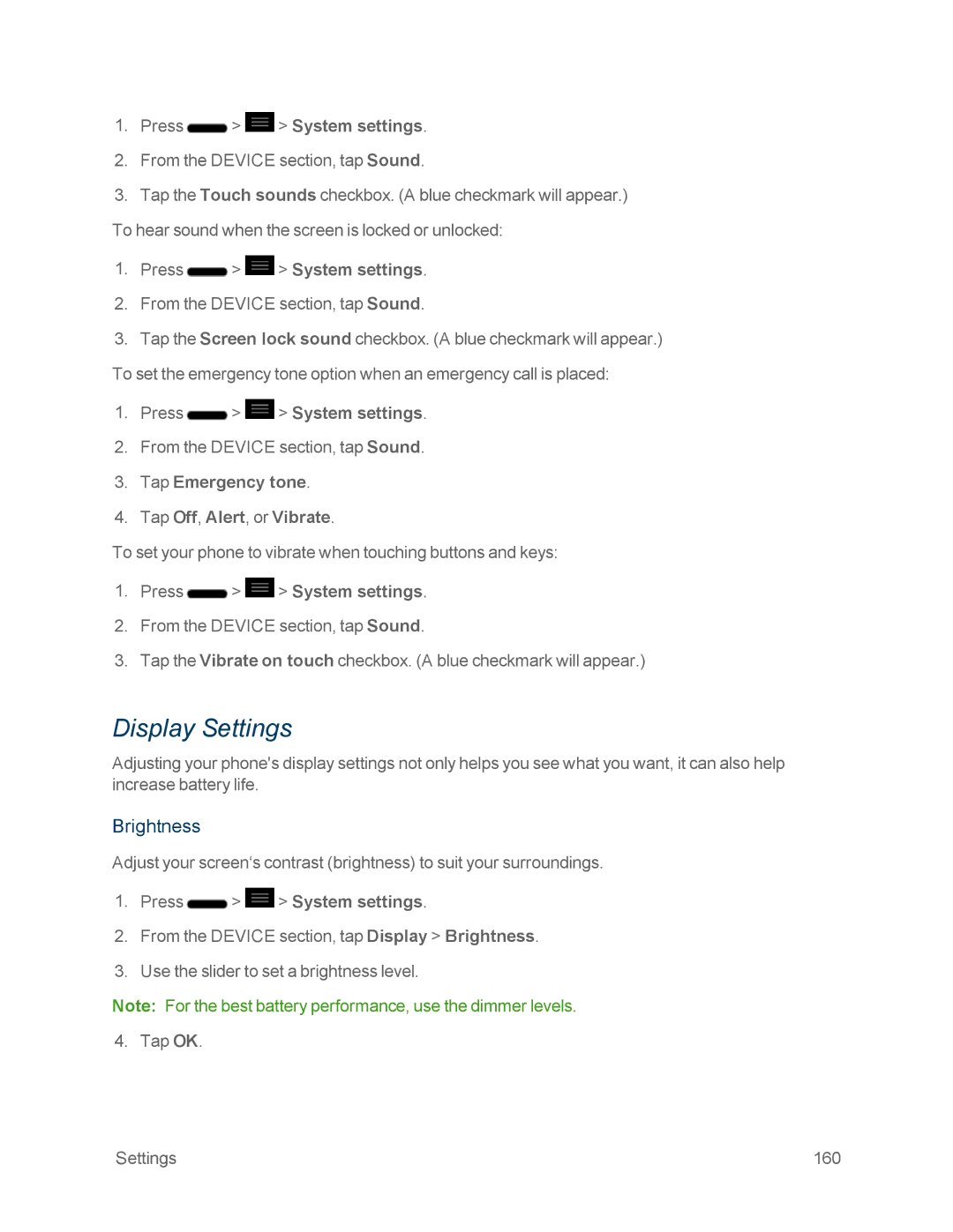 Sprint Nextel LG OPTIMUS F3 manual Display Settings, Brightness, Tap Emergency tone Tap Off, Alert, or Vibrate 